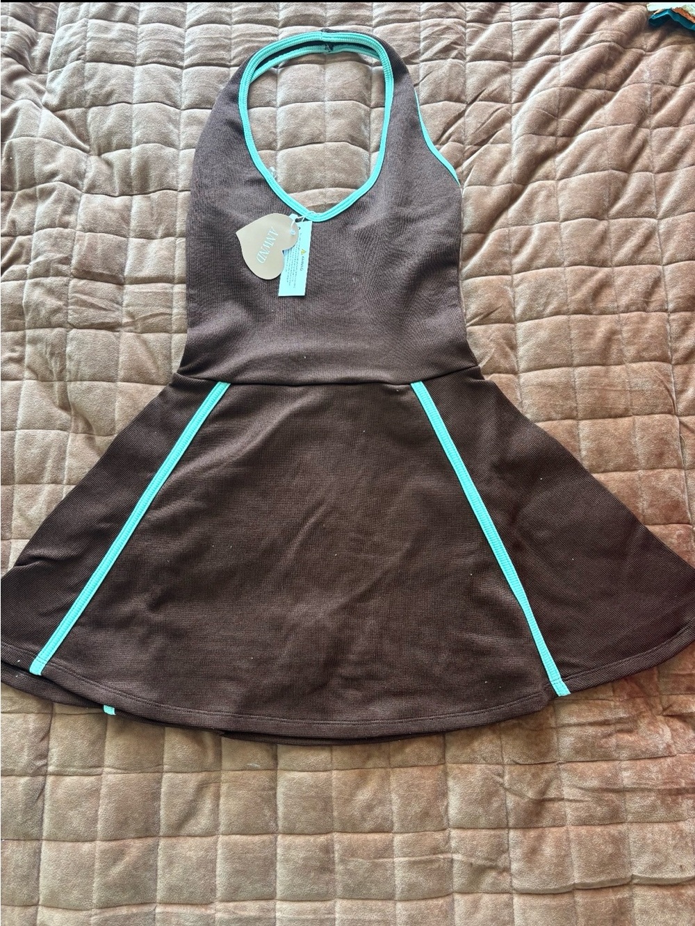 Brown Halter Dress with Turquoise Trim